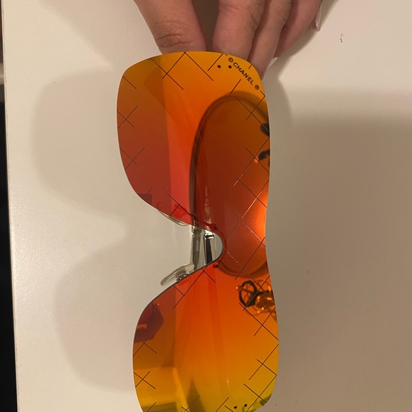 Silvertone Metal and Red Tinted Shield Sunglasses - Picture 5 of 6